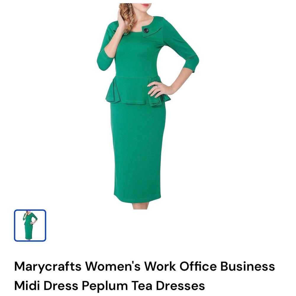 Marycrafts Kelly Green Peplum Sheath Dress Portrait Neck Button Accent 6